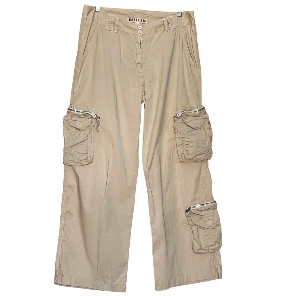 JOHNNY WAS KHAKI BEIGE LTW COTTON SPANDEX CARGO PANTS WIDE LEG SIZE 8